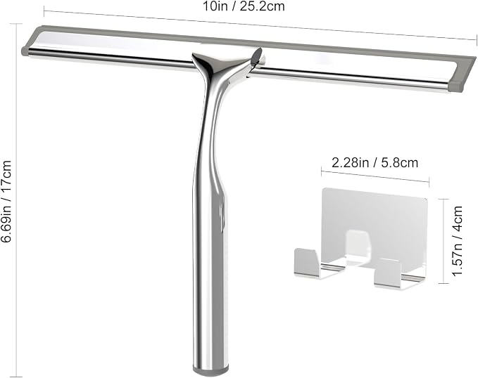 Shower Squeegee for Glass Doors, Stainless Steel Shower Squeegee for Bathroom, Window and Tiles, All-Purpose Squeegee with Adhesive Hook-10”, Chrome