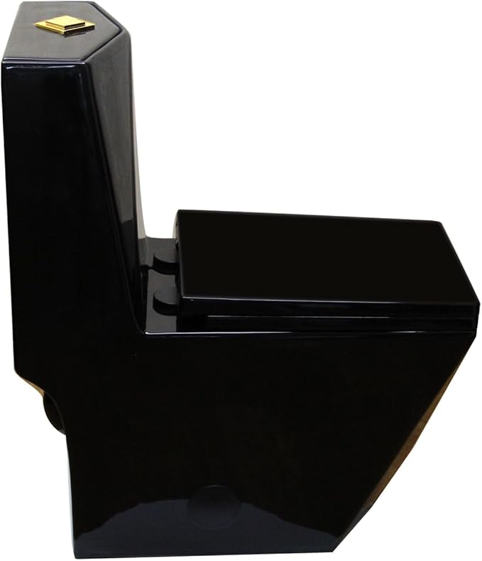 WinZo Square One Piece Toilet Black With Gold Button For Modern Bathroom,Diamond-shaped Sleek Design Elonagted Rectangle 17" Comfort Bowl,Glossy Black