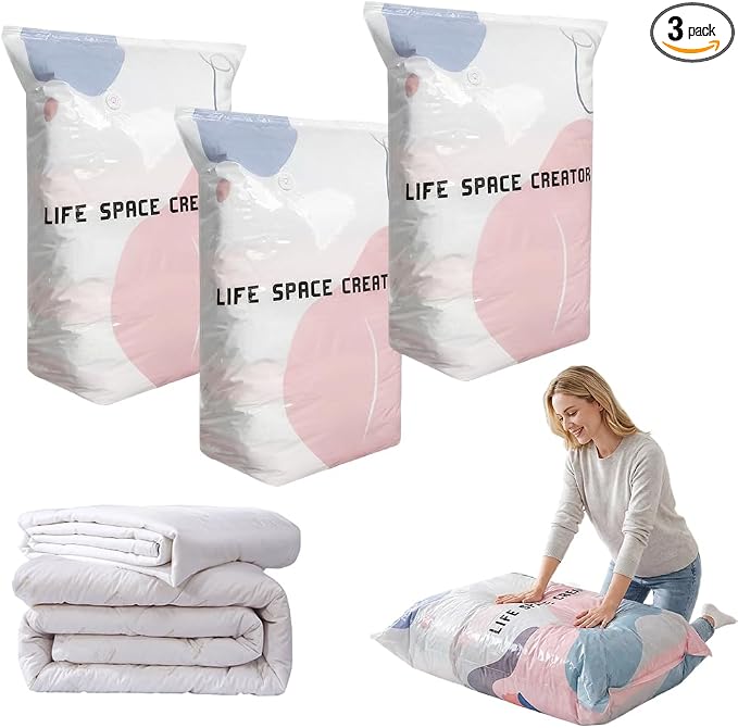 No-Pump Vacuum Storage Bags, Upgrade Large Storage Compression Bags No-Pump 3D Vacuum Storage Bags for Clothes, Comforters, Blankets, 2026 New Cube Compression Space Saver Bags (White Purple X3)
