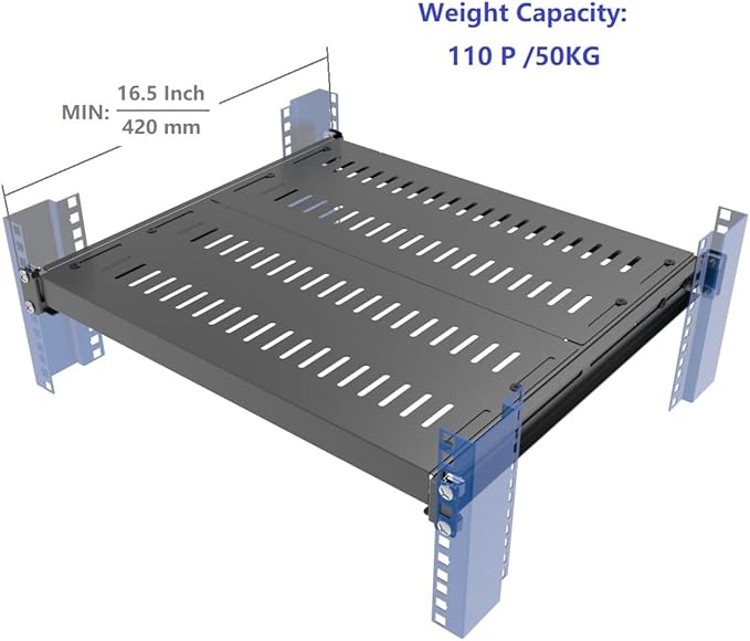 1U Vented 4-Post Adjustable Server Shelf -Mounting 16.5-29" D | Universal Tray Adjustable Mounting Depth for 19 Inch Network Equipment Server Rack or Cabinet , Black