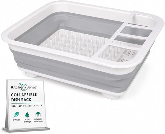 American Dream Collapsible Dish Drying Rack, Grey Foldable Kitchen Dish Drainer with Drain System, Space-Saving Organizer for Plates, Cups & Utensils