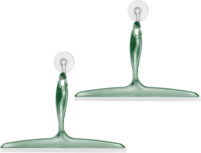 iDesign Bathroom Plastic Shower Squeegee, Clear/Green, Set of 2 | Wall Hook Included