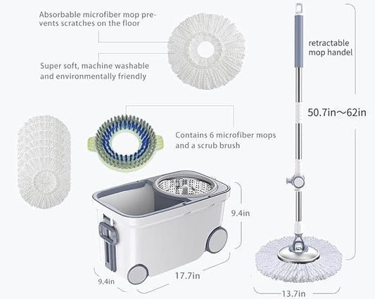 Michao Spin Mop Bucket Deluxe 360 Spinning Floor Cleaning System with 6 Microfiber Replacement Head Refills,62" Extended Handle,4X Wheel for Home Cleaning