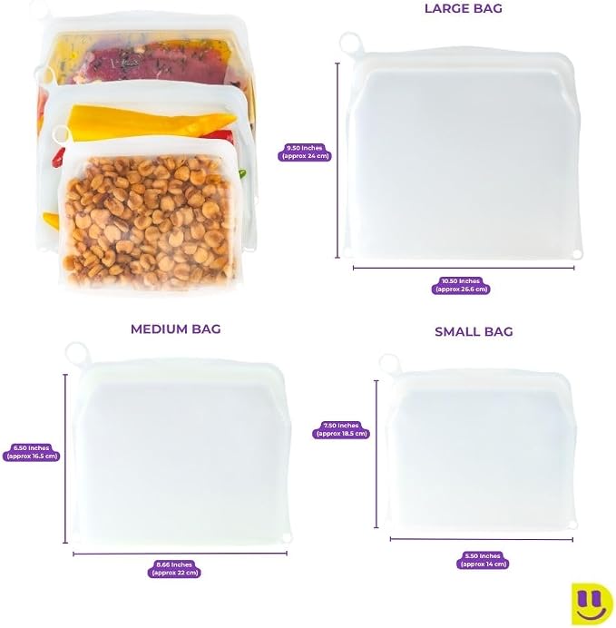 [3 Pack] Reusable Silicone Bags + Measuring Spoons Set - Large, Medium, Small Stand Up Food Storage - Leakproof, BPA Free, Dishwasher & Microwave Safe.