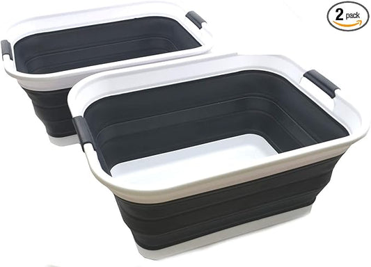 SAMMART 42L(11 gallon) Set of 2 Collapsible Plastic Laundry Basket-Foldable Pop Up Storage Container-Portable Washing Tub-Space Saving,Water capacity 34L(9 gallon) (2 rectangular - strengthen, black)
