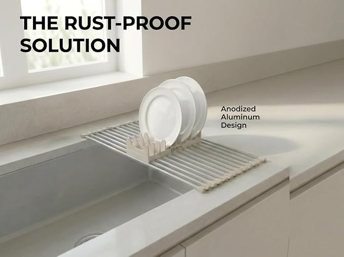 Medium Aluminum Roll Up Dish Drying Rack (17" x 13") - Fits Sinks up to 16 Inches, Heavy Duty Square Bar, Rust-Proof & Heat Resistant with Removable Dish Holder (Beige Medium)