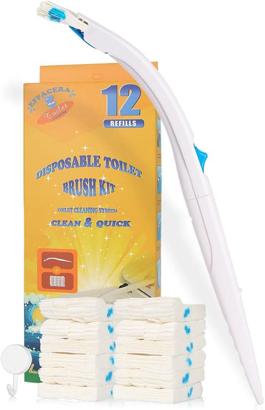 Disposable Toilet Bowl Brush Holder System with Flushable Refill Pads | Flushable, Disposable, Easy to Use, With 1 Toilet Brush+1 Holder+1 Cleaning Glove+12 Refills