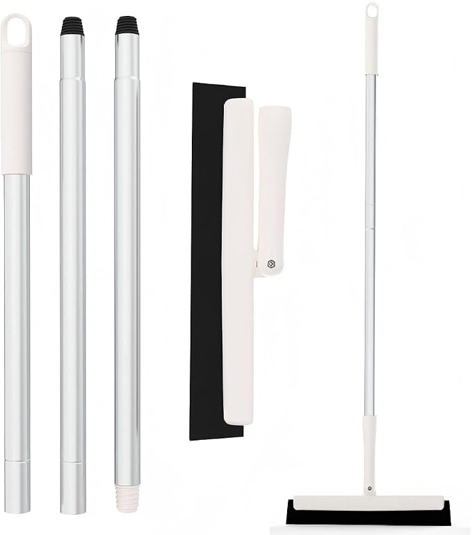 Japan-Designed Satto Floor Squeegee Kit with EVA Rubber Blade, Extendable Squeegee Broom (up to 52.56"), Water Broom for Concrete Floors, Bathroom, Window & Car Cleaning, Includes Disinfectant Wipes