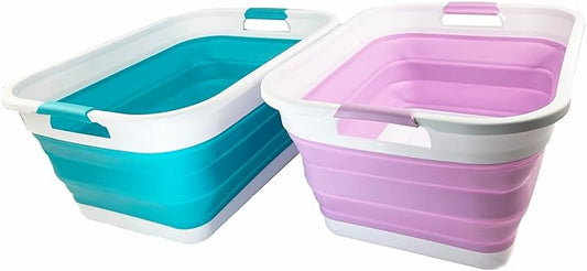 SAMMART 41L (10.8 gallon) Collapsible Plastic Laundry Basket - Foldable Pop Up Storage Container/Organizer - Portable Washing Tub - Space Saving (Rectangular, Ceramic Blue+Pale Purple (Set of 2))