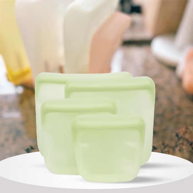 purifyou Set of 4 Reusable Silicone Storage Snack Bags 6oz / 16oz / 32oz / 64oz Self-Seal Food Storage Container for Fruits, Vegetables, Sandwiches, Dishwasher Safe & Leak-free (LimeCream)