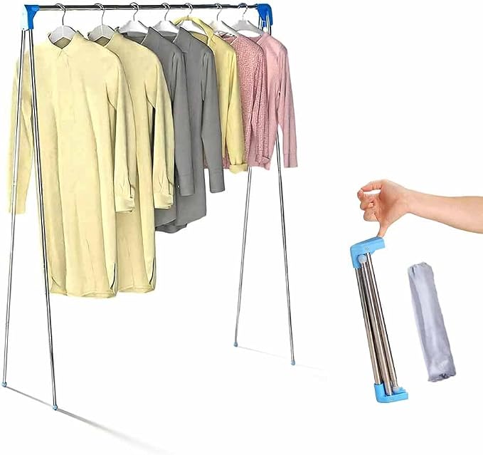 Portable Mini Clothes Compact Rack for Camping, Collapsible and Foldable Clothing Rack for Small Spaces, No-Installation Garment Rack for Indoor Outdoor Laundry Drying (Blue)