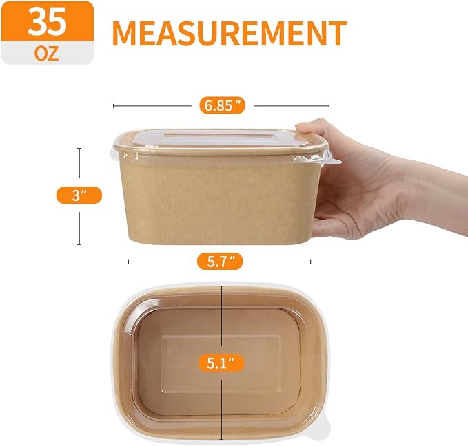 Celel 35 oz Paper Food Containers with Lids 50 Pack Meal Prep Containers | Disposable To Go Food Containers, Soak Proof, Microwavable and Freezer Friendly for Hot/Cold Use, 50 Bowls 50 Lids