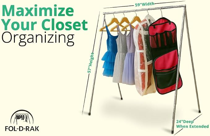 FOL-D-RAK Portable Clothing Rack, Folding Garment Rack with Carry Bag-no Assembly, lightweight 4 LB. Aluminum, 60 LB. Capacity-Travel, Closet, Retail, Trade Show, Dance Recital