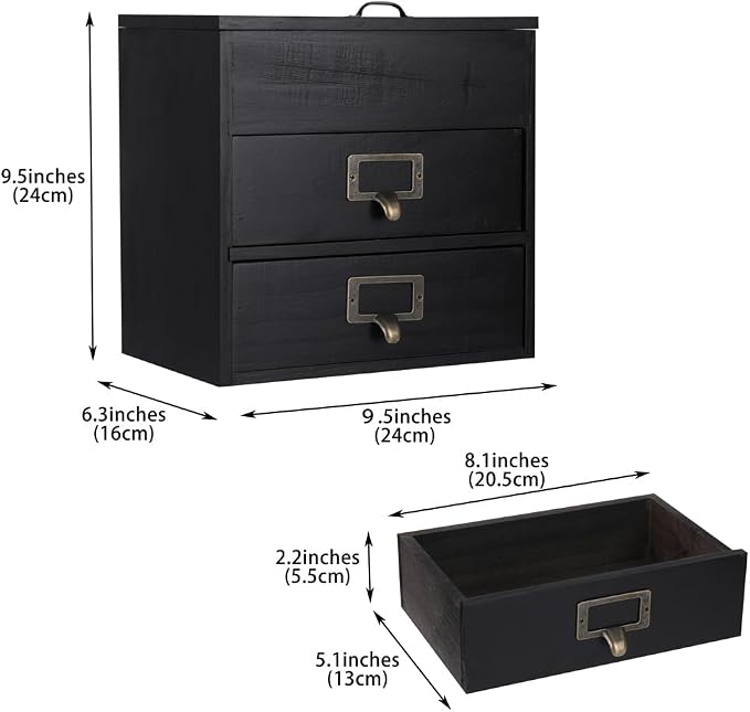 Small Wooden Drawers Wooden Box with Drawer Black | 2 Drawer Storage Box for Apothecary Cabinet, Apothecary Drawers，Desktop Organizer with Metal Handles for Office，Home