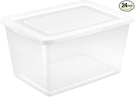 Sterilite 24 Pack Storage Box, 58 Quart Stackable Tote, Clear Plastic Container with Secure Snapping Lids for Home and Office Organization, White