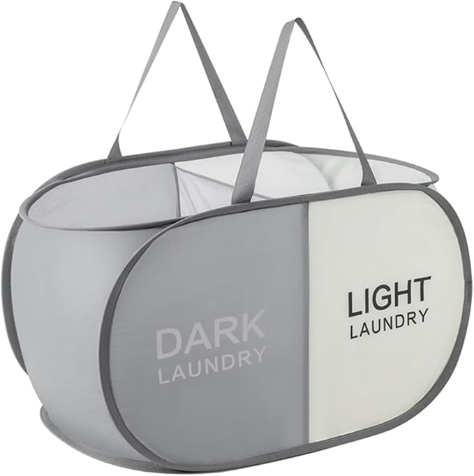 Collapsible Laundry Baskets with 2 Compartments, Black + Begie | 75L, Foldable, Pop up Hamper, Reinforced Durable Laundry Hamper for Home, Laundry, Bathroom, Dorm or Travel