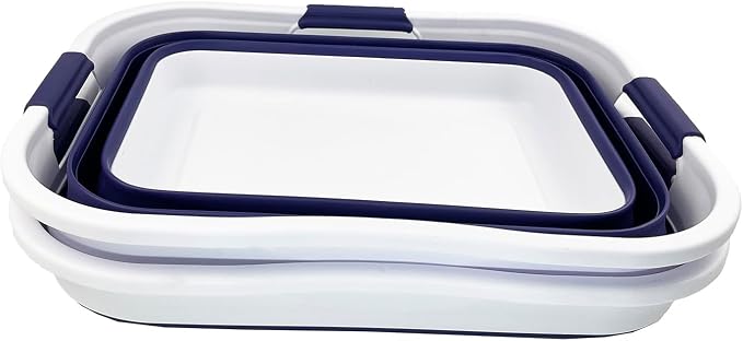 SAMMART 30L (8 gallons) Collapsible Plastic Laundry Washing Tub/Basket-Portable Pop Up Storage Container/Organizer-Foldable Laundry Hamper-Space Saving (2, White/Navy Blue)