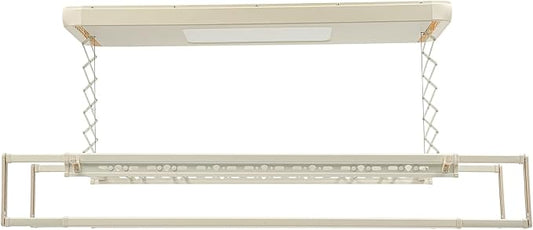 Electric Retractable Airing Rack, Ceiling Mounted Clothes Drying Rack, Retractable Clothesline, Vertical Laundry Drying Rod with LED Light & Remote, 110V 24W, Off-White Color