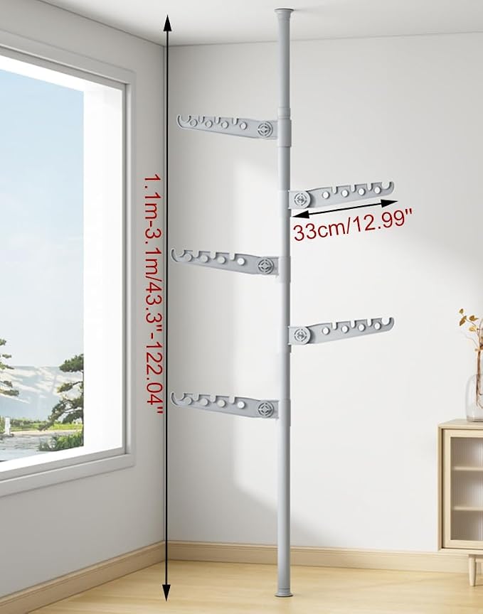 5-Tier Clothes Drying Rack Telescopic Coat Hanger Garment Stand Floor to Ceiling Laundry Pole Tension Rod Storage Organizer for Home, Balcony, Office 43.3''-122.04''