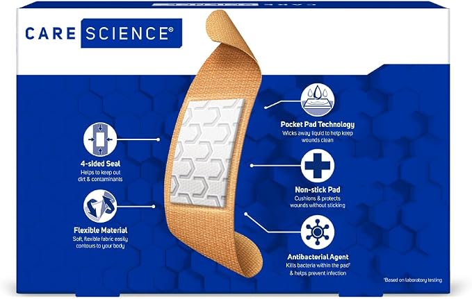 Care Science Antibacterial Fabric Bandages, Asst. Sizes, 100ct (Pack of 72) | Flexible + Breathable Protection for First Aid and Wound Care.