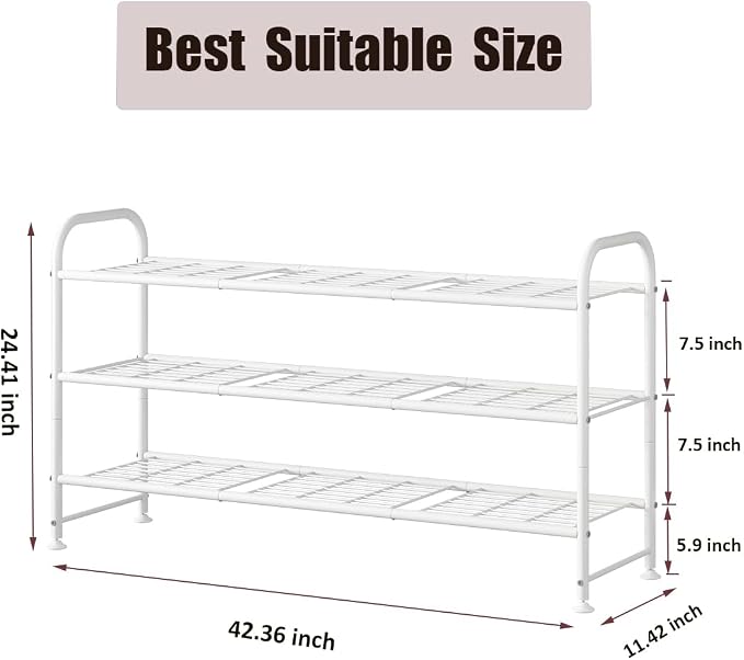 LINZINAR 3 Tier Long Shoe Rack for Closet Metal Shoe Organizer for Entryway | Spacious design stores 20+ pairs of shoes,durable metal frame,space-saving organizer for closet, hallway, and Entryway White