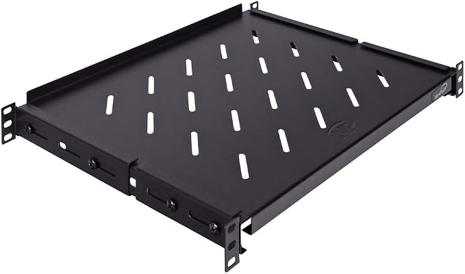 Vented 4-Post Shelf, Adjustable, Black, 350 mm Depth, 1U, 242 lbs, Cold Rolled Steel, CE Compliant