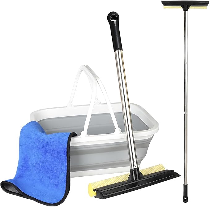 2 in 1 Car Window Squeegee and Collapsible Bucket Set,Long Handle,Gray