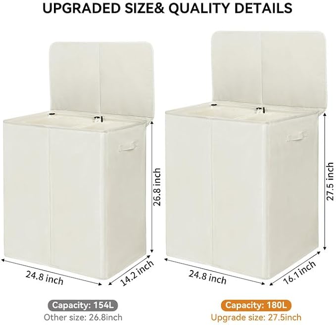 WOWLIVE 180L Double Laundry Hamper 2 Section with Lid and Removable Bags | Divided Laundry Basket, Large Dirty Clothes Hamper with Handle, Collapsible Laundry Storage for Dorm Room, College, Beige