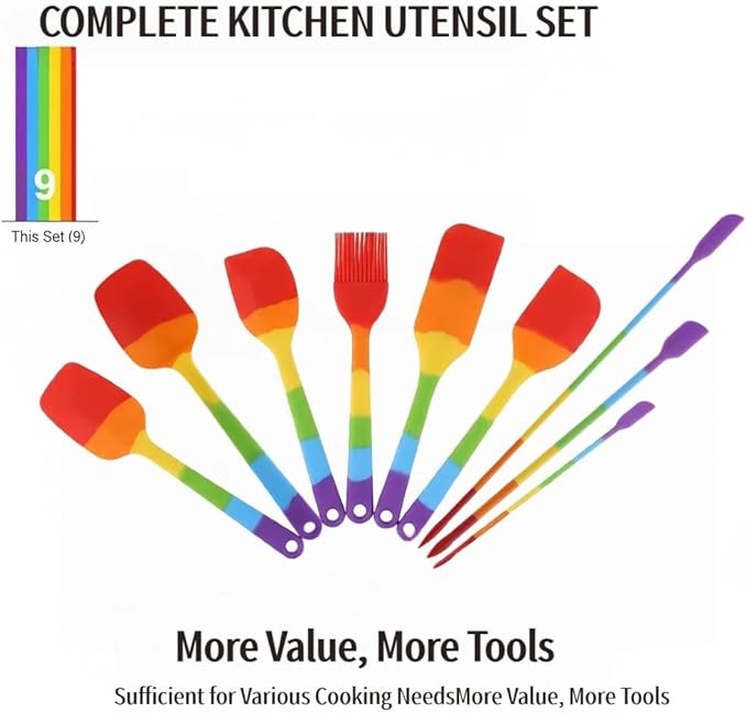 9-Piece Silicone Spatula Set, Non-Stick & Stainless Steel Core, BPA-Free, Dishwasher Safe Kitchen Utensils for Baking, Cooking, Mixing (Multicolor)