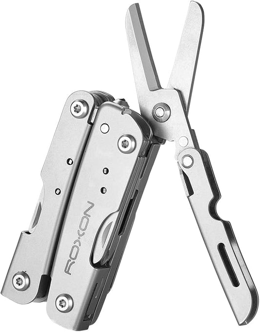 ROXON M2 14-in-1 Mini Multitool with Folding Scissors & 9pc Bits Set | Stainless steel construction. Bottle opener, screwdriver. Compact pocket tool for camping, hiking, and DIY repairs.