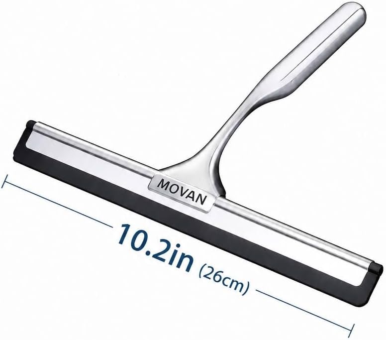 MOVAN Shower Squeegee for Glass Doors with Replacement Silicone Blade – 304 Stainless Steel Frame, 10 Inch, Streak-Free Bathroom Window Wiper with Adhesive Hook, Black