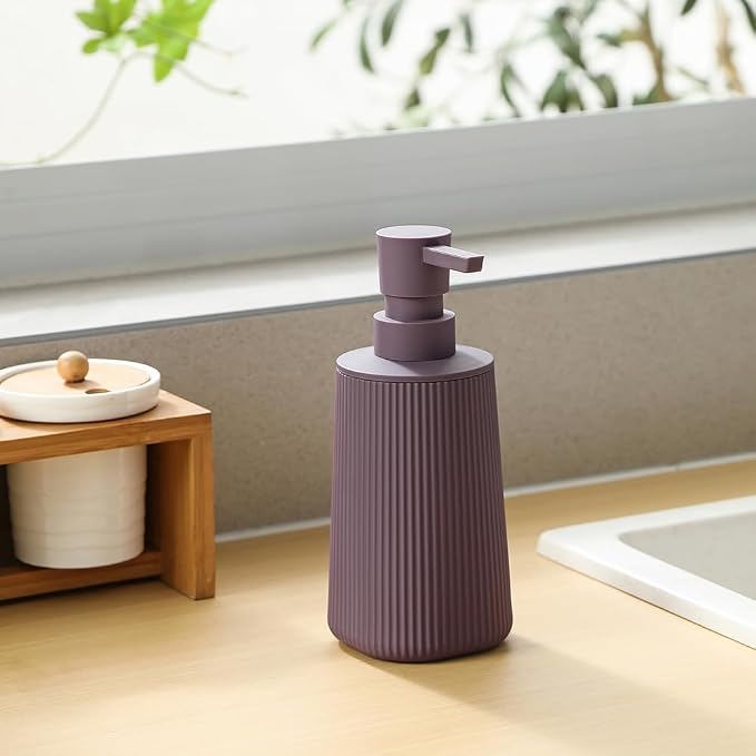 YAUKPH Small Soap Dispenser for Bathroom and Kitchen Matte Purple | Modern Farmhouse Striped Style Plastic Hand Soap Dish Soap Dispenser with Pump