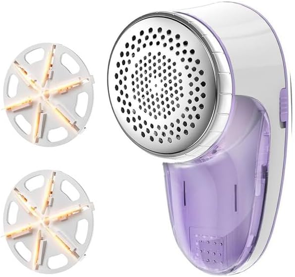Ruidla Fabric Shaver Lint Remover,Sweater Shaver with Replaceable Stainless | Steel 6-Leaf Blades, Fabric Defuzzer for Clothes Fuzz, Lint Balls - Battery Operated(Purple)