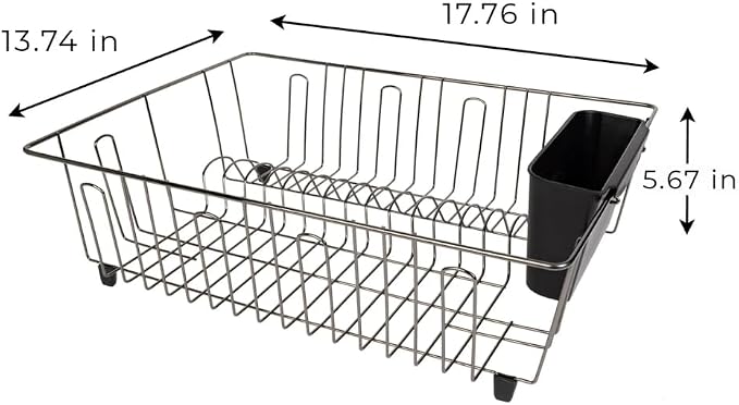 Large Wire Dish Rack – 17.5" x 13.7" x 5.5", Black/Chrome, Space-Saving Kitchen Dish Drainer with Utensil Holder, Rust-Resistant for Drying Plates & Bowls