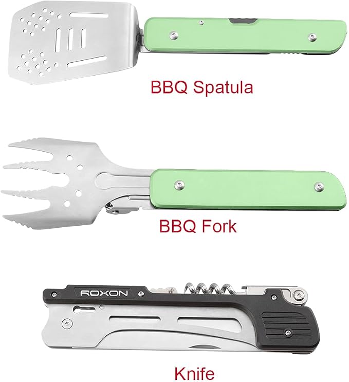 ROXON S601 6-in-1 Folding Grill Tool Set,14" BBQ Utensils for Camping Green | Includes Fork, Spatula, Knife, Tongs, Bottle Opener & Corkscrew. LFGB Certified, Dishwasher-Safe, Portable for Outdoor BBQ