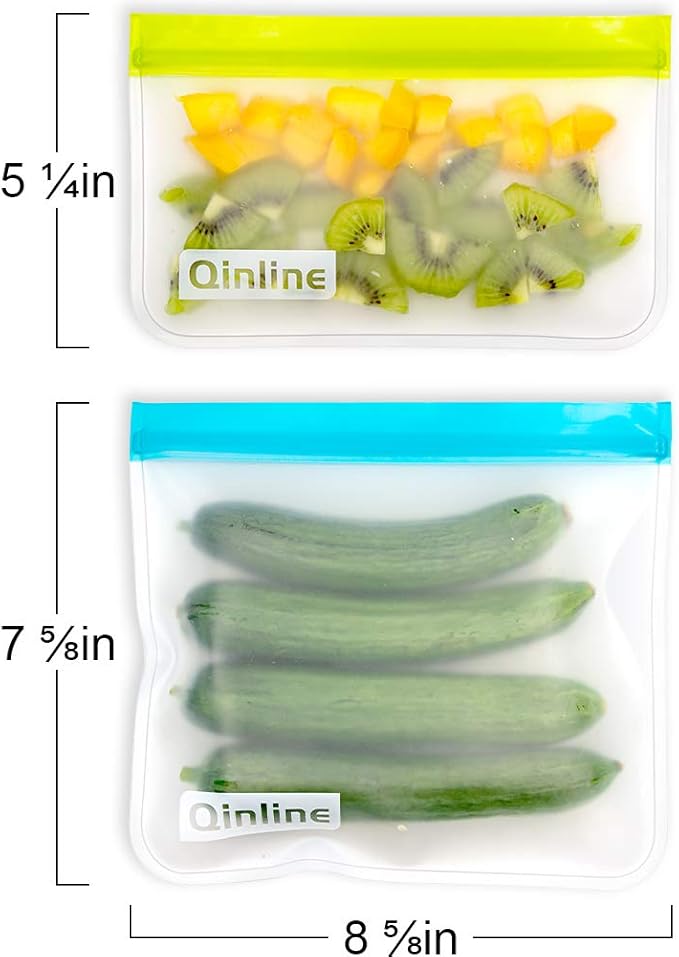 Qinline Reusable Food Storage Bags - 10 Pack Dishwasher Safe Freezer Bags, BPA Free Silicone, Leakproof for Marinate Salad Fruit Travel - 5 Sandwich 5 Snack