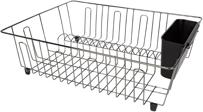 Large Wire Dish Rack – 17.5" x 13.7" x 5.5", Black/Chrome, Space-Saving Kitchen Dish Drainer with Utensil Holder, Rust-Resistant for Drying Plates & Bowls