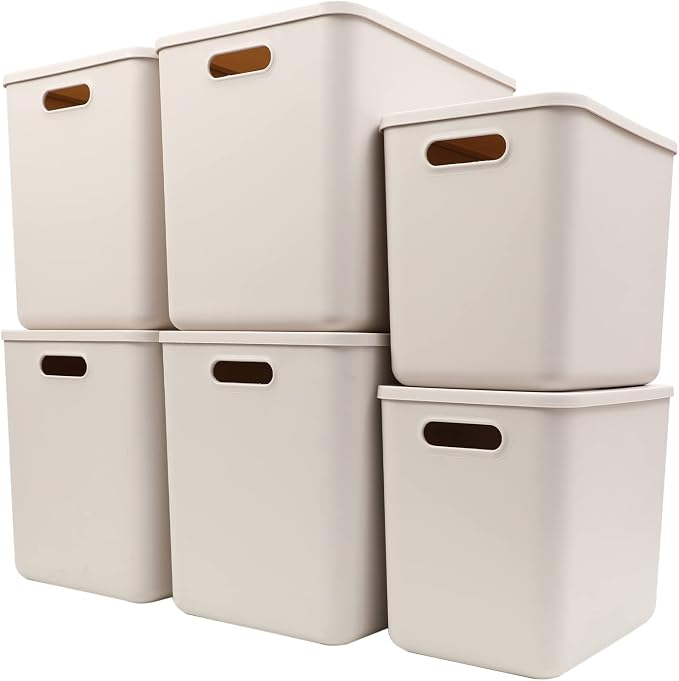 Yishyfier Plastic Storage Baskets With Lid Organizing Container Lidded Knit Storage Organizer Bins for Shelves Drawers Desktop Closet Playroom Classroom Office (4XL+2L, Light grey)