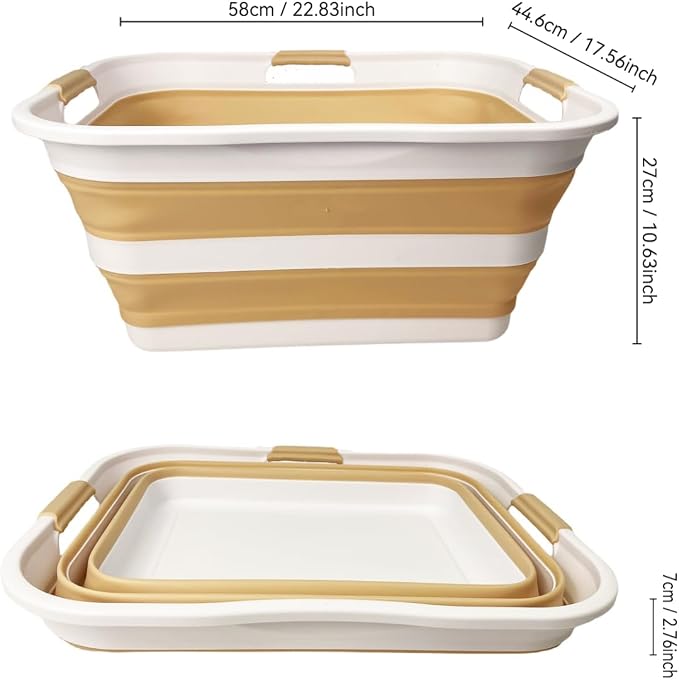 SAMMART 42 (11 Gallons) Collapsible Plastic Laundry Basket, Foldable Pop Up Storage Container/Organizer, Space Saving Hamper, Portable Bin for Dorm Room Bathroom (2, White/Beige)
