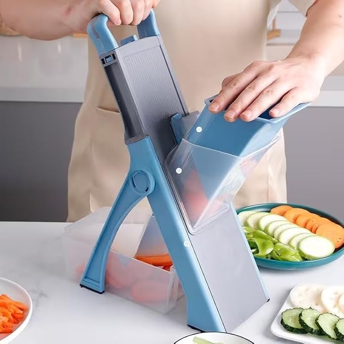 Mandoline Slicer Vegetable Cutter with Container - No Blade Change Needed, Adjustable 0.1-8mm Thickness, Stainless Steel, Hand Guard, Julienne Waffle Cuts for Meal Prep (Blue)