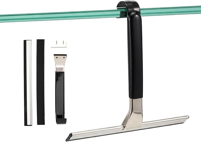 10" Wide Stainless Steel All-Purpose Shower Squeegee for Glass Doors, Shower Glass Squeegee with Hook, Squeegee for Shower Glass, Tile, Bathroom, Car Glass, Mirror
