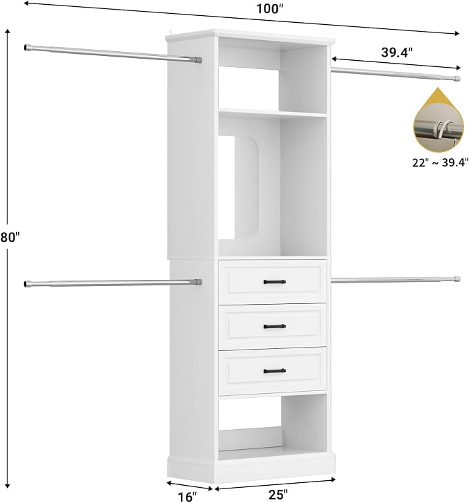 Unikito Closet System, 4FT - 9FT Closet Organizer with Mirror, Luxury Walk in Closet Insert with Drawers and 4 Hanging Rods, Sturdy Wood Wardrobe Closet Garment Rack with 25” Tower, White
