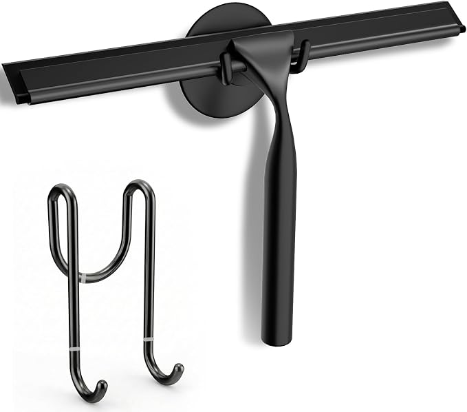 FARMER Shower Squeegee for Glass Doors, 10-Inch Glass Squeegee for Windows, Car Glass and Mirrors, Multi-Purpose Stainless Steel Squeegee with Suction Wall Hook and Over Door Hook, Black