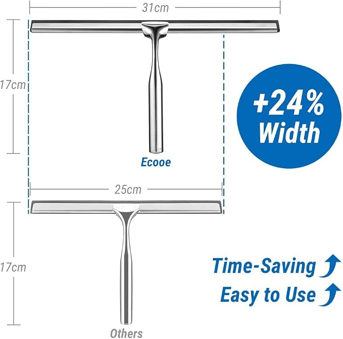 ecooe Silicone Shower Squeegee with Hanger, 12″/30cm Shower Squeegee for Glass Doors, Black Window Squeegee Scraper with Stainless Steel Core for Home Bathroom Kitchen Car Glass Doors