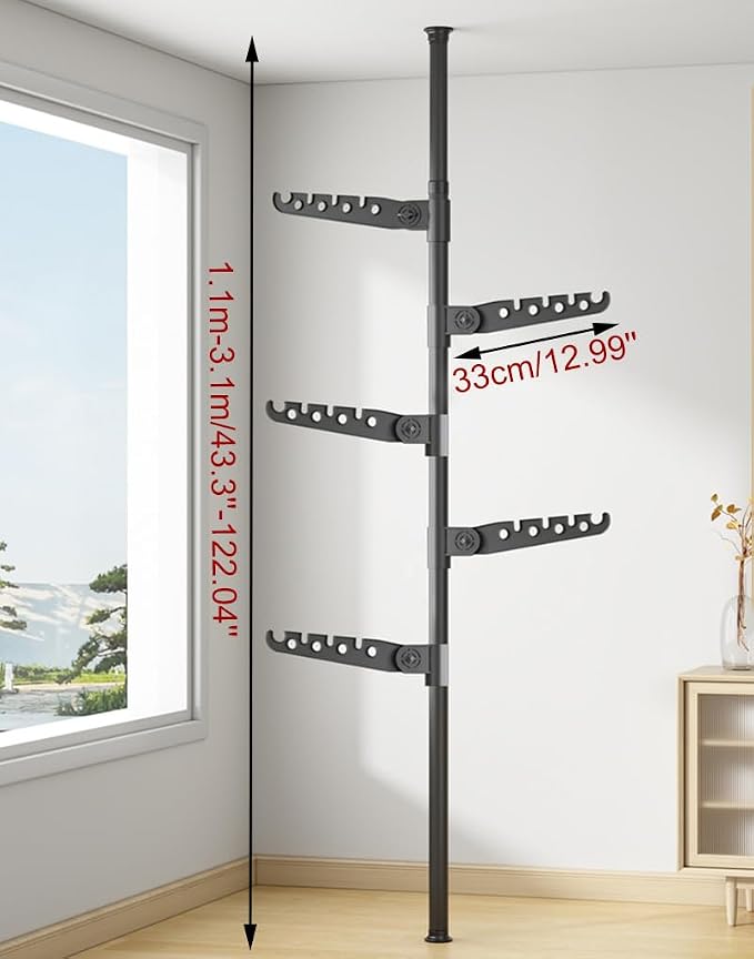 5-Tier Clothes Drying Rack Telescopic Coat Hanger Garment Stand Floor to Ceiling Laundry Pole Tension Rod Storage Organizer for Home, Balcony, Office 43.3''-122.04''
