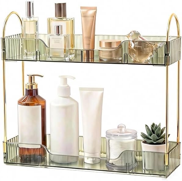 Bathroom Countertop Organizer, 2-Tier Slim Vanity Storage Rack for Bathroom Sink, Narrow Counter Organizer for Toiletries Skincare Perfume with Green Plastic Trays