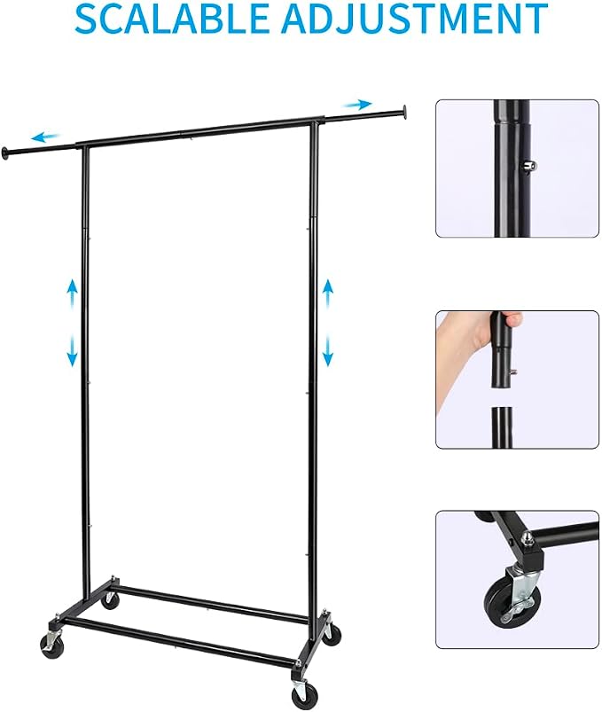 Fishat 59" H Simple Portable Standard Black Rolling Clothes Garment Rack | Metal Freestanding Hanging Organizer, Mobile Lockable Wheels, Portable Freestanding, for Storage, Drying, Bedroom