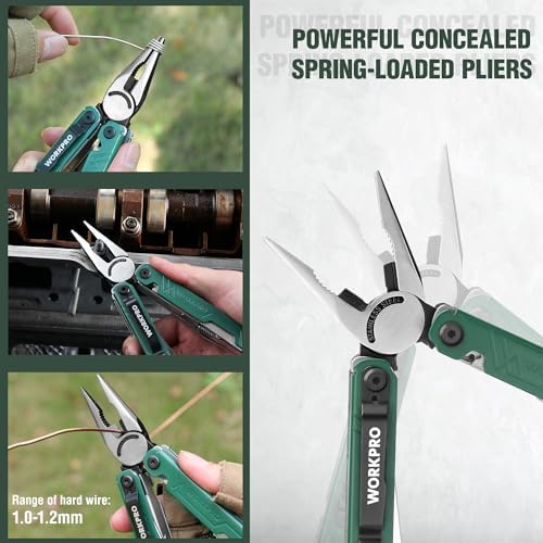 WORKPRO 18-in-1 Multi Tool Pliers, Gifts for Men, Stainless Steel EDC Multitool with Pocket Knife, 2 Safety Locks, Belt Clip and Oxford Pouch, Utility Multiuse Tool for Camping (Pack of 2)