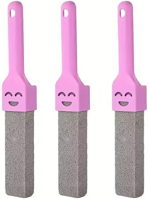 Pumice Stone Scrubber with Handle, 3 Pack, Pink, 26.5 cm | Toilet Bowl Cleaner, Bathroom Tiles & Sink, Smiley Face Handle, Replaceable Stone Head, Hanging Loop Design