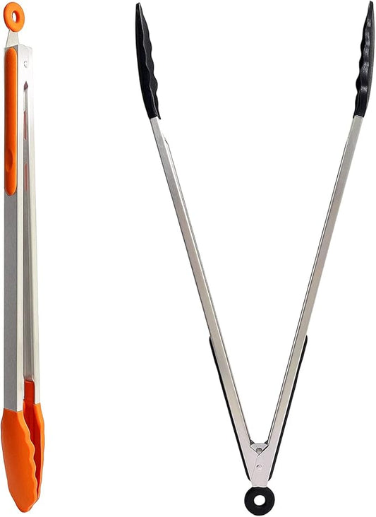 18 inch Extra Long Grill Tongs (1 orange +1 black), with Silicone Tip Head, Stainless Steel Barbecue Tongs with Long Handle, Large Sized Food Tong, Extended Serving Tong